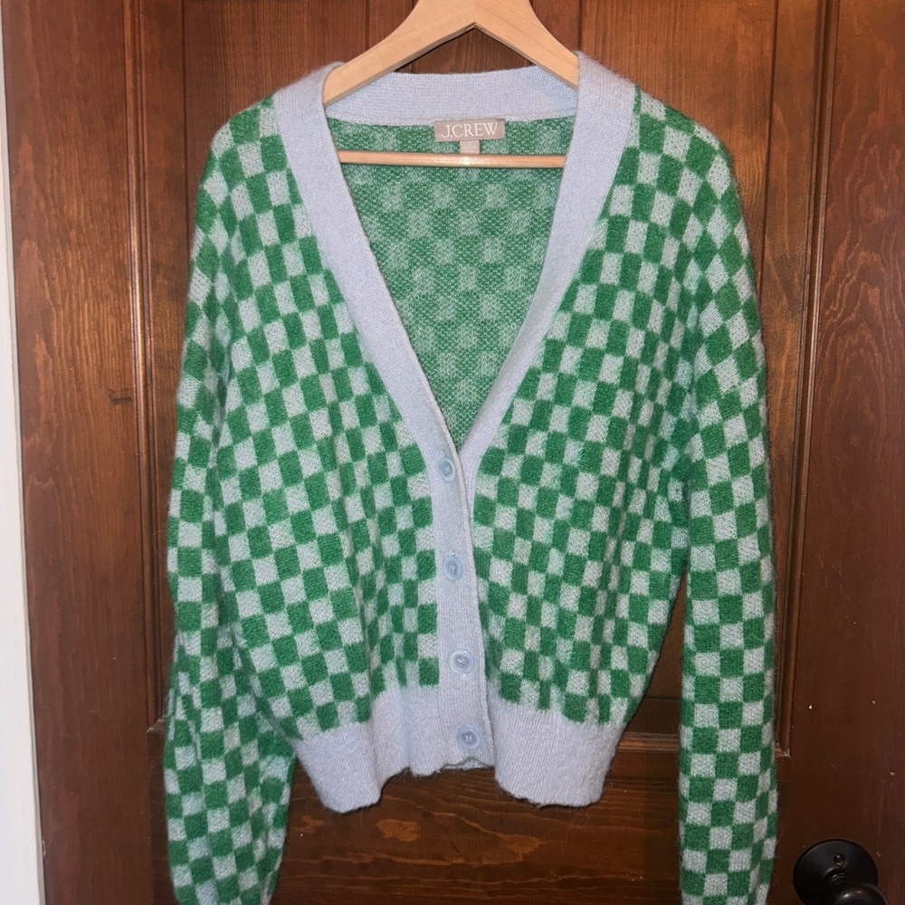 J. Crew Green and Baby Blue Checkered Sweater